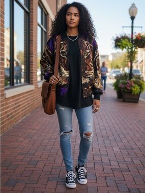 GDT too Tiger Print Bomber Jacket Zip Up Streetwear Women’s Size One Size